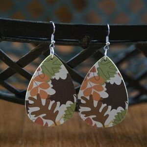 Hand Crafted Brown Leaf Teardrop Earrings with Green and Orange Accents